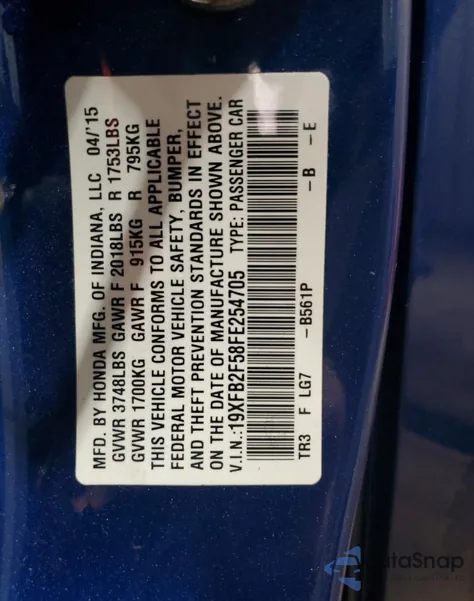2015 Honda Civic Lx from USA, damaged, VIN 19XFB2F58FE254705